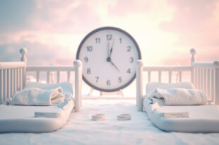 Two hospital bassinets with medical equipment and clock showing midnight in maternity ward