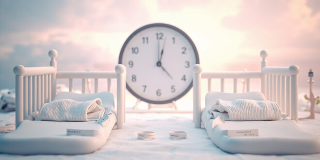 Two hospital bassinets with medical equipment and clock showing midnight in maternity ward