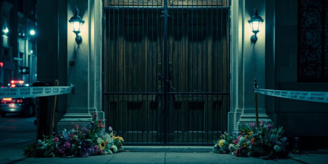 Closed synagogue doors with security barriers, police tape, and flower tributes on wet pavement under emergency lighting