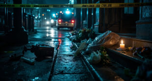 Forensic evidence markers and floral tributes placed on concrete steps behind police cordon tape in overcast daylight