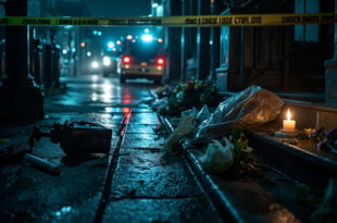 Forensic evidence markers and floral tributes placed on concrete steps behind police cordon tape in overcast daylight