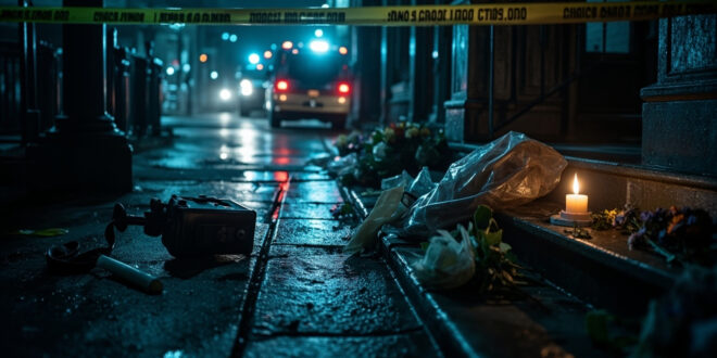 Forensic evidence markers and floral tributes placed on concrete steps behind police cordon tape in overcast daylight