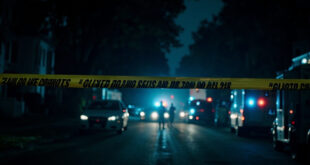 Police cordon tape blocks access to tree-lined residential street with emergency vehicles in background