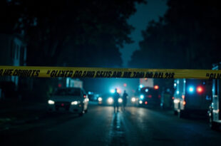 Police cordon tape blocks access to tree-lined residential street with emergency vehicles in background