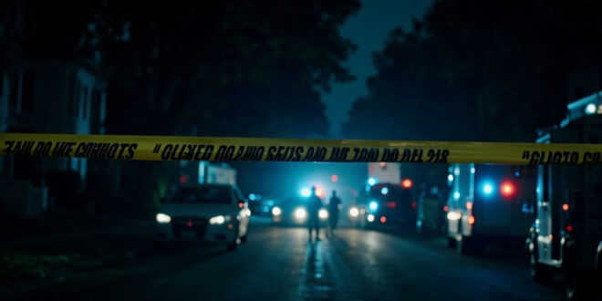 Police cordon tape blocks access to tree-lined residential street with emergency vehicles in background