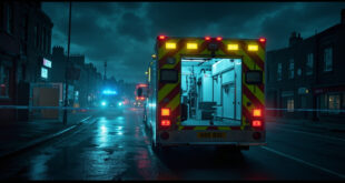 Emergency ambulance and police vehicles behind security cordon on Manchester street with overcast lighting