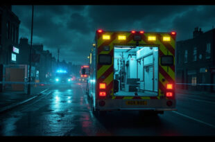 Emergency ambulance and police vehicles behind security cordon on Manchester street with overcast lighting