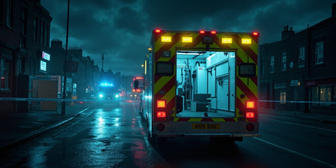 Emergency ambulance and police vehicles behind security cordon on Manchester street with overcast lighting