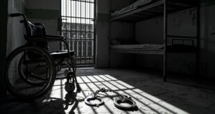 Empty wheelchair beside open metal handcuffs on concrete detention center floor with barred cell door in background