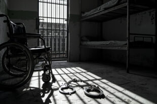 Empty wheelchair beside open metal handcuffs on concrete detention center floor with barred cell door in background