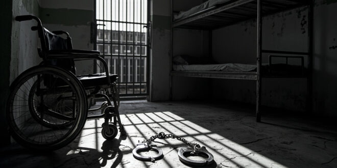 Empty wheelchair beside open metal handcuffs on concrete detention center floor with barred cell door in background