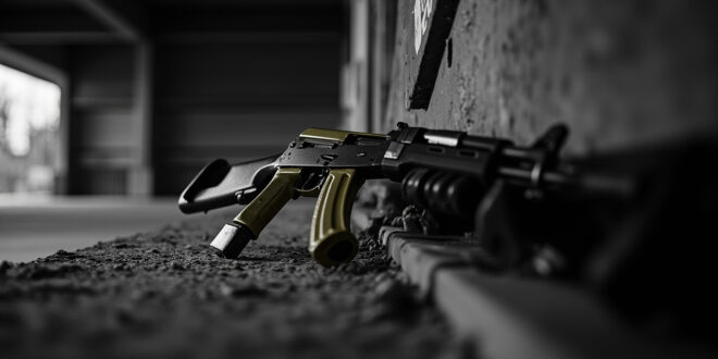 Military rifle and training equipment positioned on concrete ground in urban setting