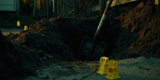Shovel in dark soil next to yellow evidence markers on rural property with forensic equipment scattered around