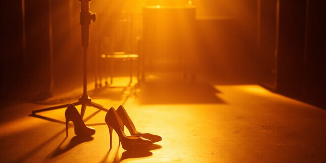 High heeled shoes next to vintage microphone in retro television studio setting with warm amber lighting
