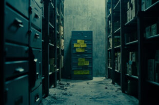 Locked metal filing cabinets with evidence labels in dim institutional archive room with concrete walls