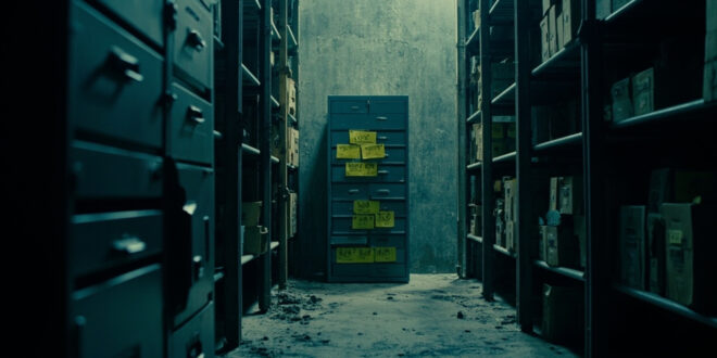 Locked metal filing cabinets with evidence labels in dim institutional archive room with concrete walls