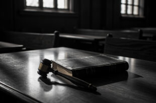 Dark hardcover book lies closed on wooden table next to brass gavel in empty courtroom with somber lighting