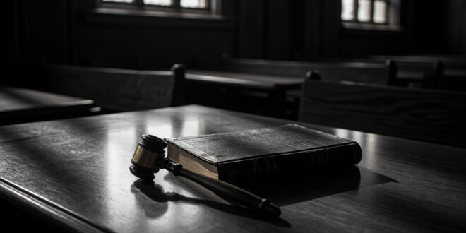 Dark hardcover book lies closed on wooden table next to brass gavel in empty courtroom with somber lighting