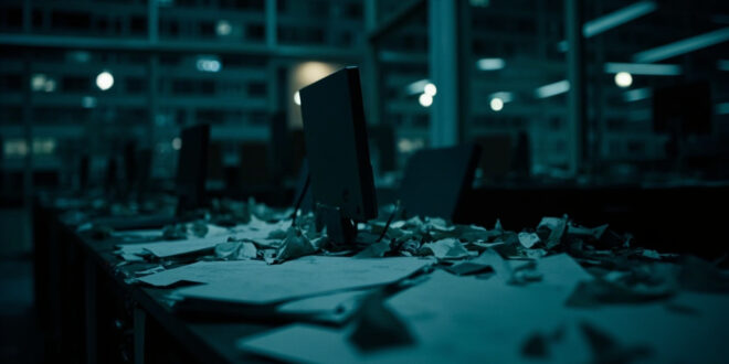 Empty federal office with papers on desk, dark computer screen, chair pushed back, representing government shutdown