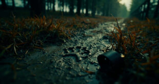 Close-up of large wolf paw print in mud next to small cat tracks and abandoned pet collar in autumn grass