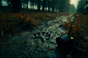Close-up of large wolf paw print in mud next to small cat tracks and abandoned pet collar in autumn grass