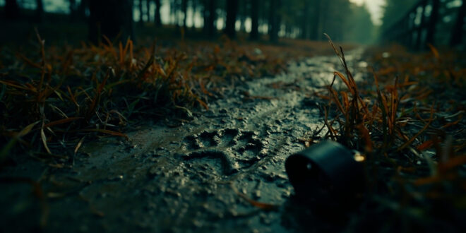 Close-up of large wolf paw print in mud next to small cat tracks and abandoned pet collar in autumn grass