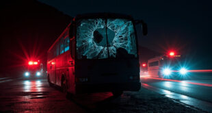 Coach bus with severely shattered windscreen on Italian highway, emergency vehicle lights in background