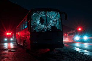 Coach bus with severely shattered windscreen on Italian highway, emergency vehicle lights in background