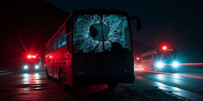 Coach bus with severely shattered windscreen on Italian highway, emergency vehicle lights in background