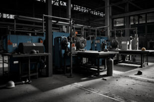 Empty automotive factory floor with silent machinery and scattered safety equipment on workbenches