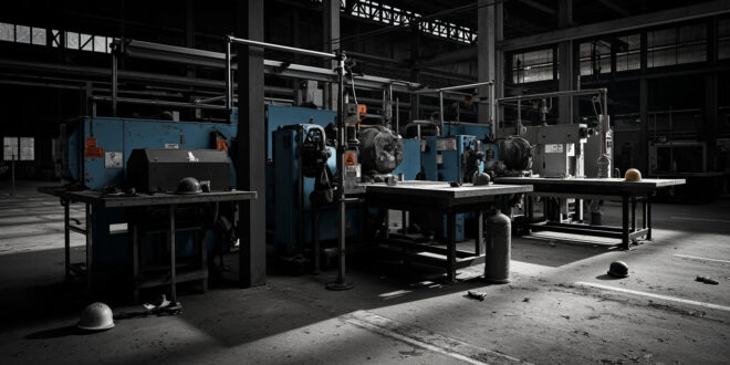 Empty automotive factory floor with silent machinery and scattered safety equipment on workbenches