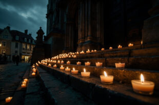 Dozens of glowing memorial candles placed on stone church steps at dusk in empty town square
