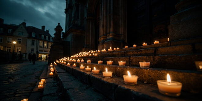 Dozens of glowing memorial candles placed on stone church steps at dusk in empty town square