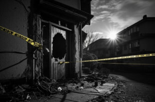 Blast-damaged door with hole, scorch marks, forensic markers, and police tape at residential townhouse entrance at dusk.