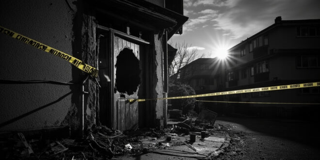 Blast-damaged door with hole, scorch marks, forensic markers, and police tape at residential townhouse entrance at dusk.