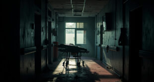 Overturned hospital bed and scattered medical equipment in dark abandoned corridor
