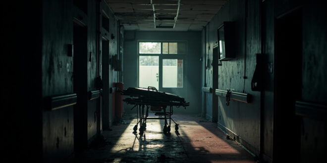 Overturned hospital bed and scattered medical equipment in dark abandoned corridor