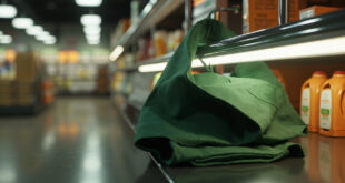 Green supermarket apron hanging on shelf near bottles of shampoo in store aisle