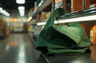 Green supermarket apron hanging on shelf near bottles of shampoo in store aisle