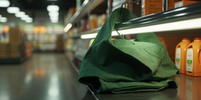 Green supermarket apron hanging on shelf near bottles of shampoo in store aisle