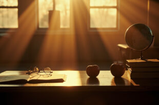 Empty vintage wooden teacher's desk with apple, books, and glasses in sunlit classroom with chalkboard background