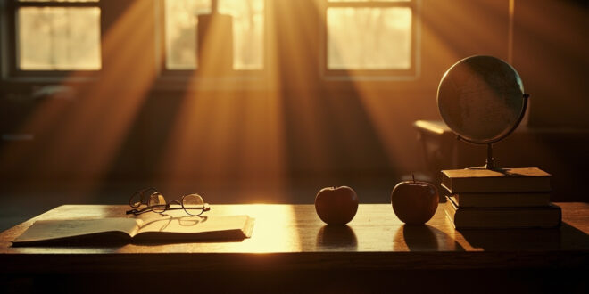 Empty vintage wooden teacher's desk with apple, books, and glasses in sunlit classroom with chalkboard background
