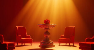 Red rose on golden pedestal in empty TV studio with dramatic lighting and velvet chairs arranged in semicircle