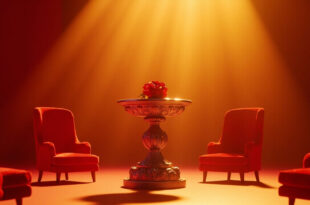 Red rose on golden pedestal in empty TV studio with dramatic lighting and velvet chairs arranged in semicircle