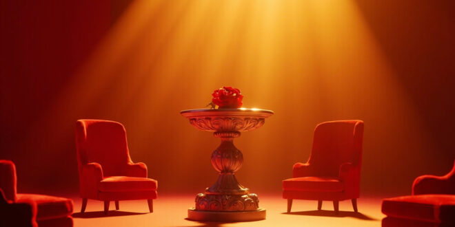 Red rose on golden pedestal in empty TV studio with dramatic lighting and velvet chairs arranged in semicircle