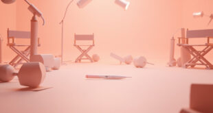 Empty reality TV set with pregnancy test and production cameras in soft lighting