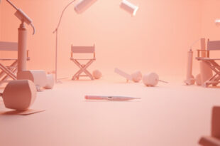 Empty reality TV set with pregnancy test and production cameras in soft lighting
