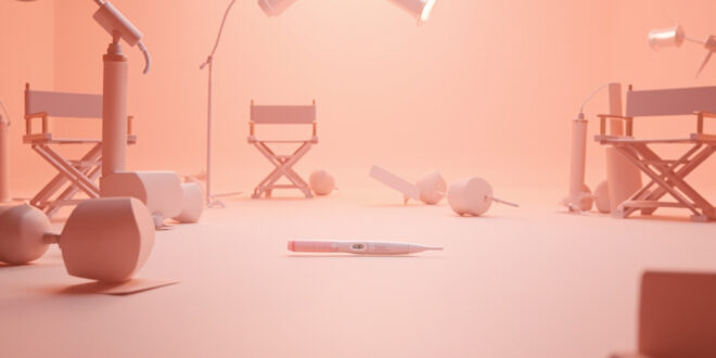 Empty reality TV set with pregnancy test and production cameras in soft lighting