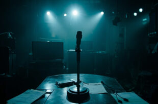 Empty television studio with microphone and papers scattered on news desk in dim lighting