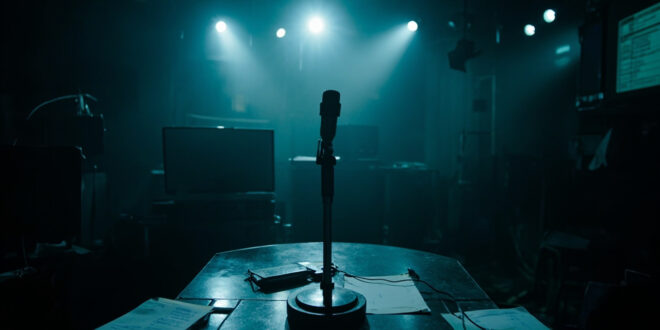 Empty television studio with microphone and papers scattered on news desk in dim lighting